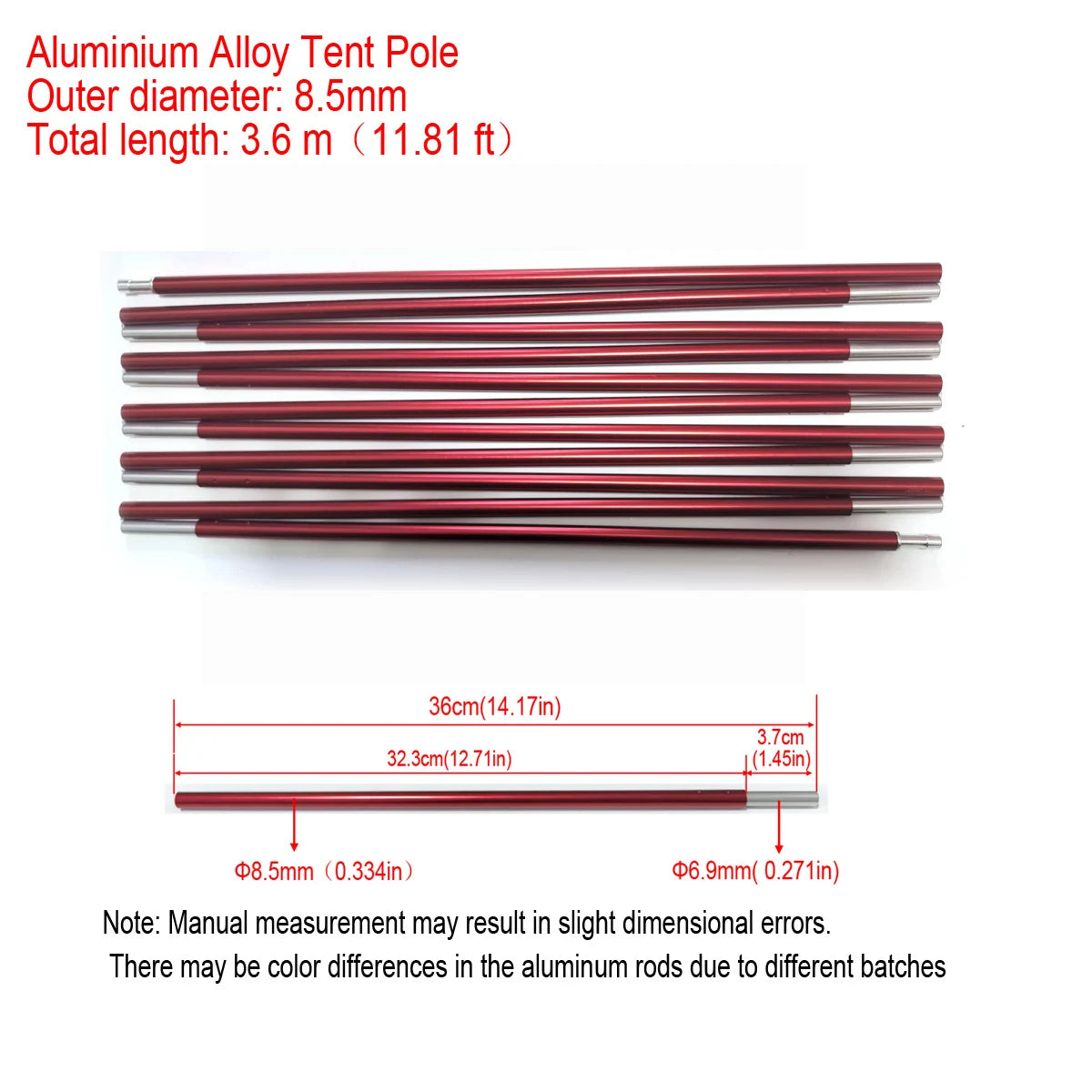 1pc 8.5mm 7001 Aluminum Alloy Tent Poles Replacement 363cm-405cm Lightweight Durable Camping Awning Repair Rod Tent Support Repair Poles