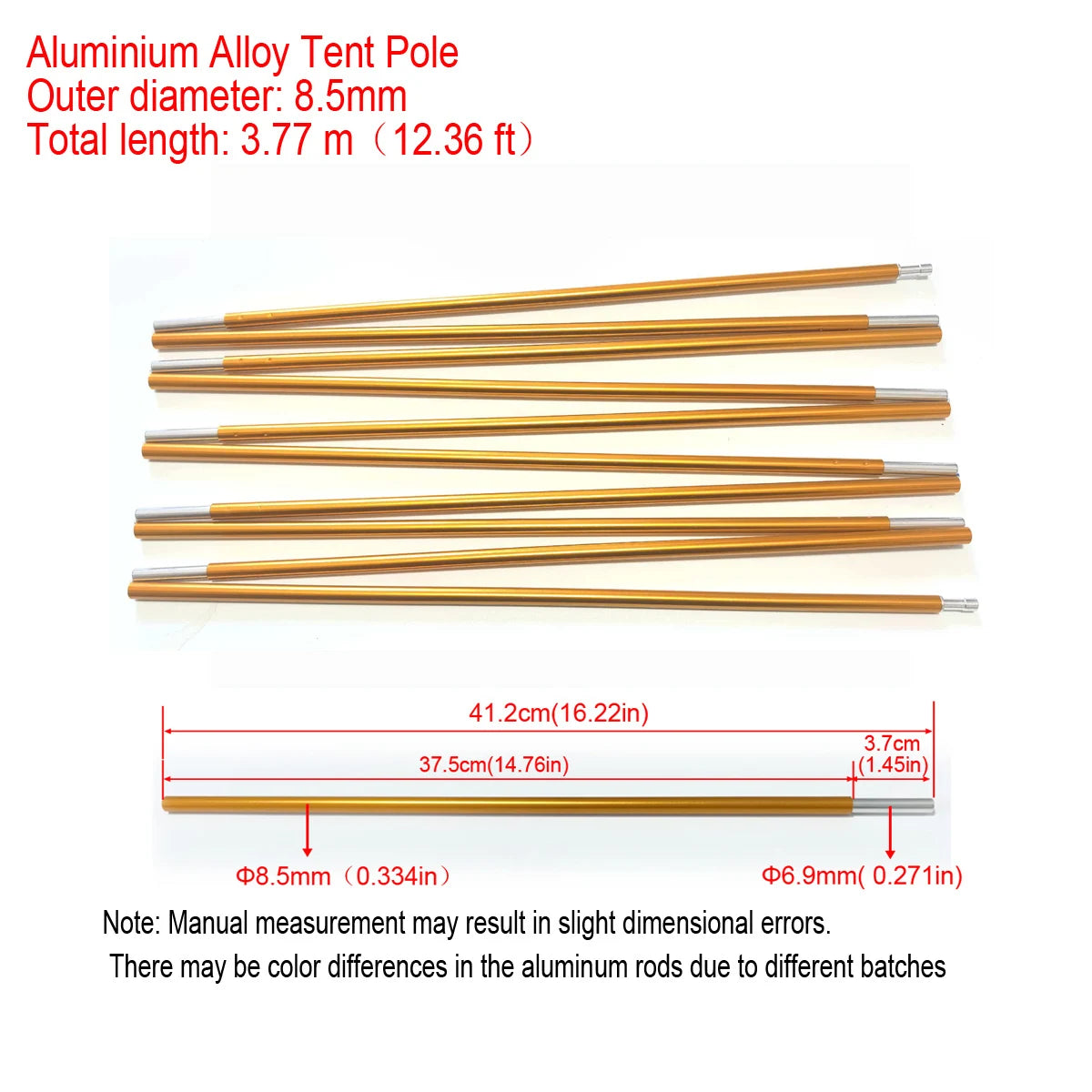 1pc 8.5mm 7001 Aluminum Alloy Tent Poles Replacement 363cm-405cm Lightweight Durable Camping Awning Repair Rod Tent Support Repair Poles
