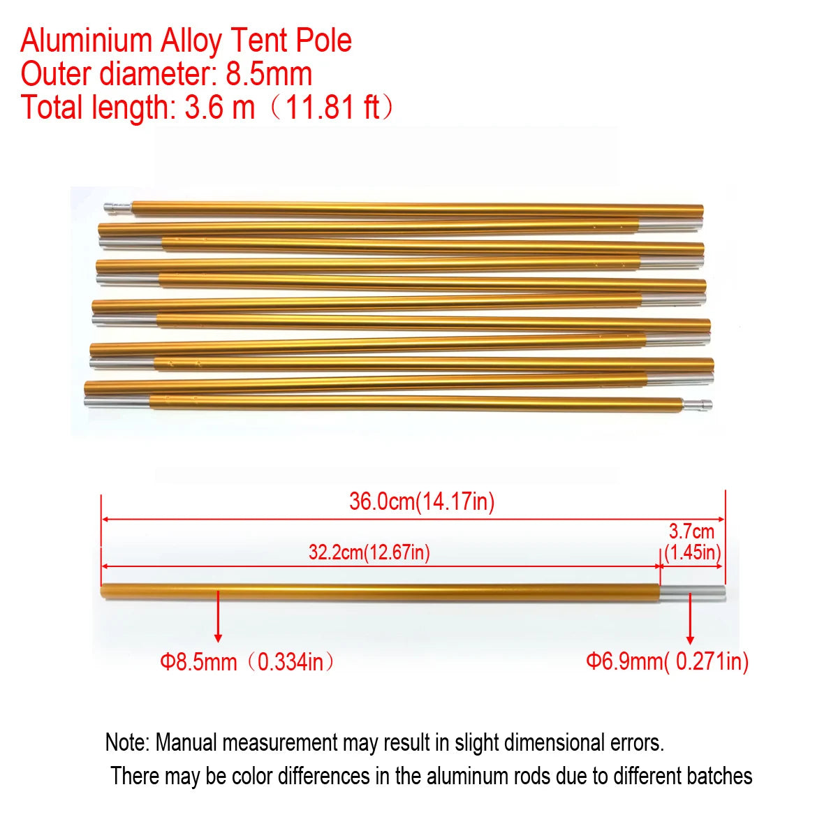 1pc 8.5mm 7001 Aluminum Alloy Tent Poles Replacement 363cm-405cm Lightweight Durable Camping Awning Repair Rod Tent Support Repair Poles