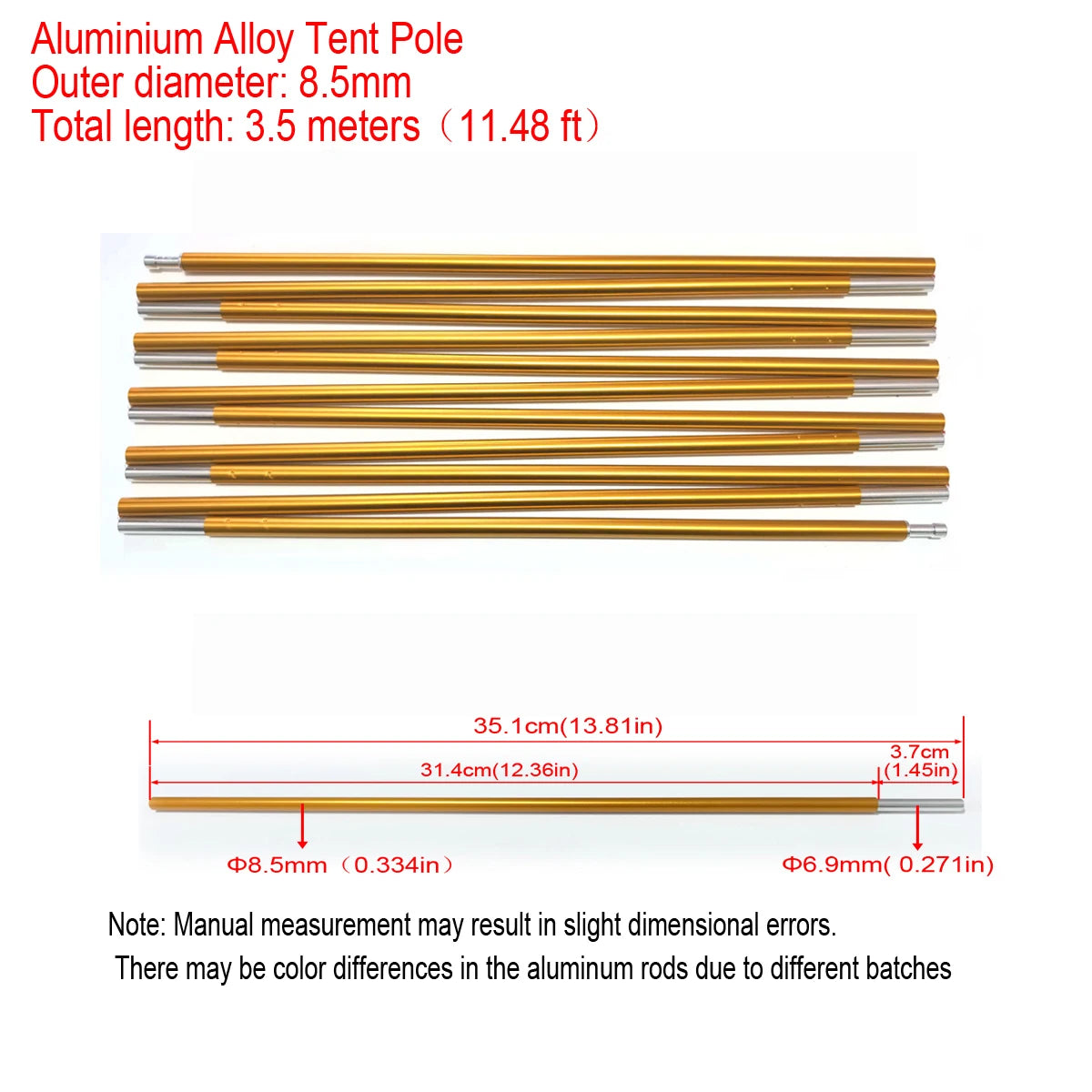 1pc 8.5mm 7001 Aluminum Alloy Tent Poles Replacement 363cm-405cm Lightweight Durable Camping Awning Repair Rod Tent Support Repair Poles
