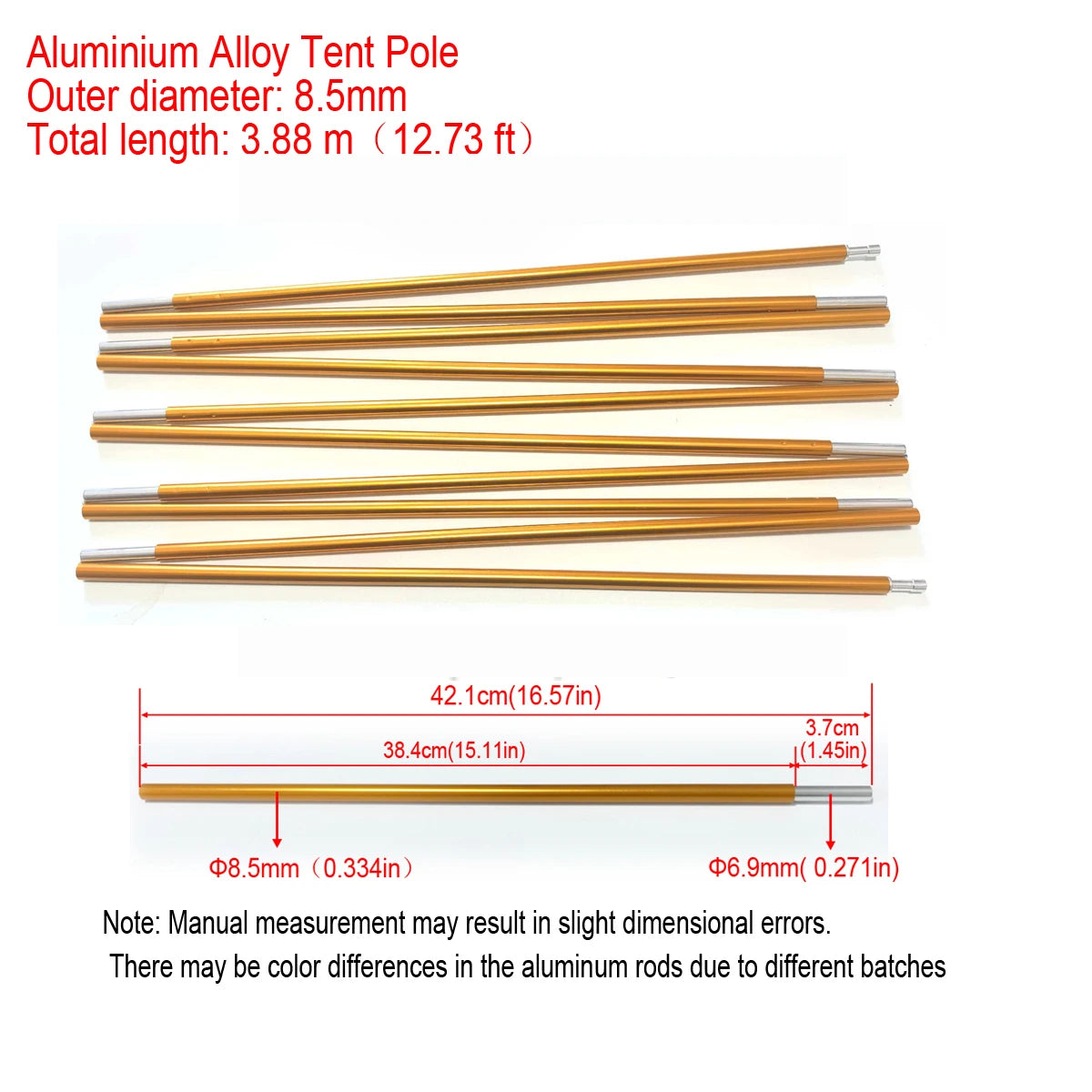 1pc 8.5mm 7001 Aluminum Alloy Tent Poles Replacement 363cm-405cm Lightweight Durable Camping Awning Repair Rod Tent Support Repair Poles