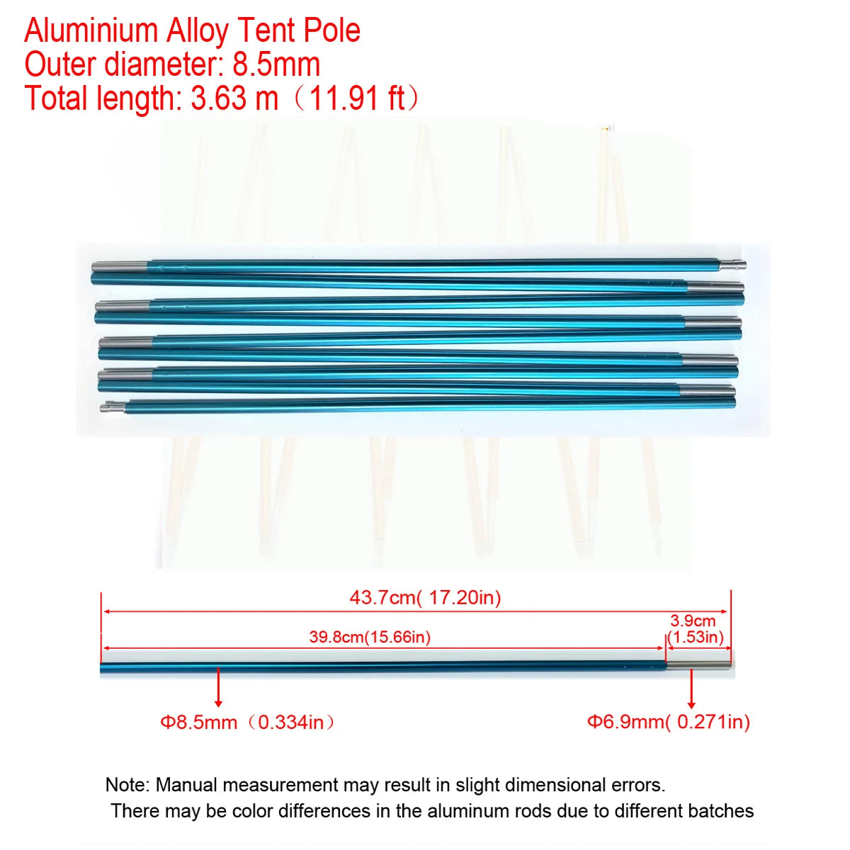 1pc 8.5mm 7001 Aluminum Alloy Tent Poles Replacement 363cm-405cm Lightweight Durable Camping Awning Repair Rod Tent Support Repair Poles