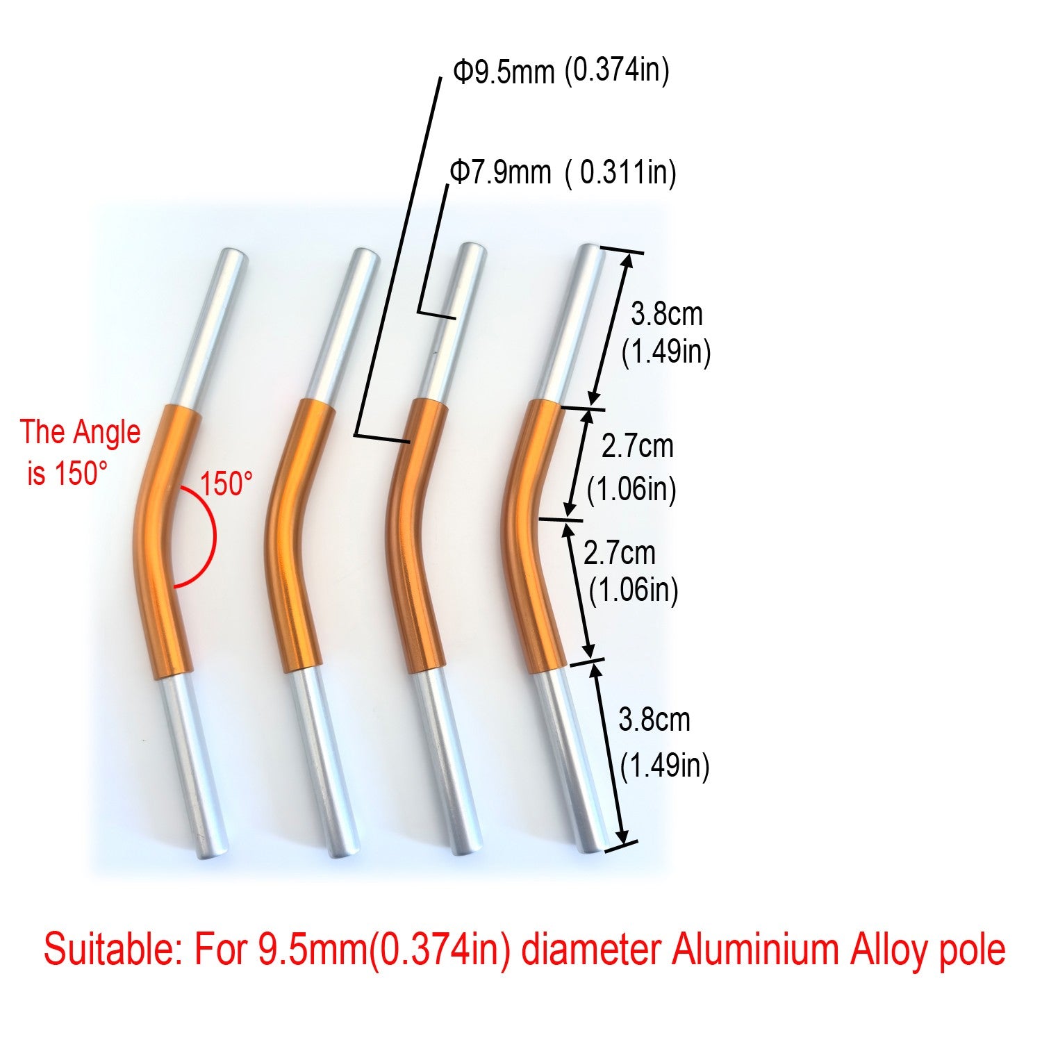 Aluminum alloy connector Angled Poles, 4pc, 150 degrees, suitable for 8.5/9.5/11 mm Aluminum alloy tent poles