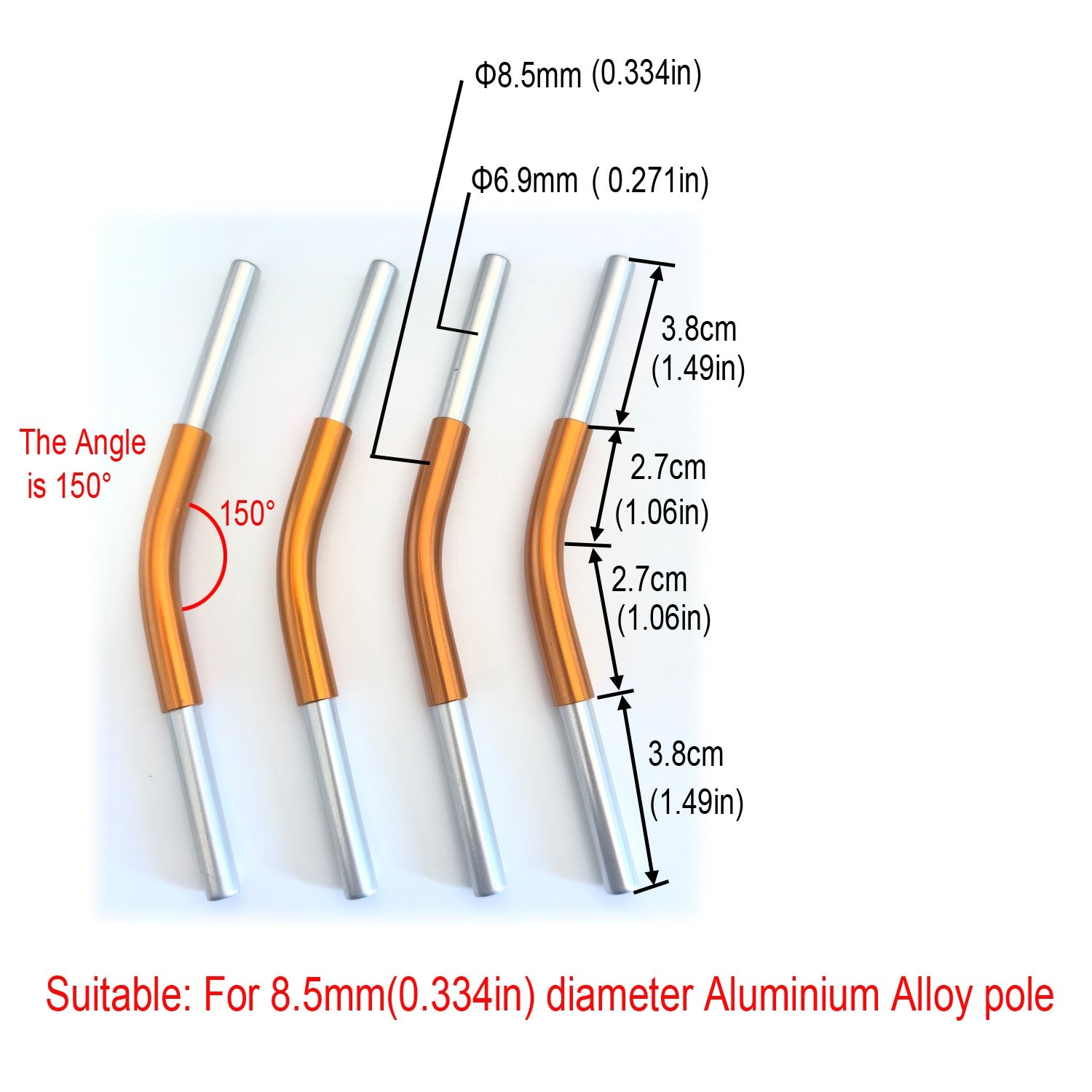 Aluminum alloy connector Angled Poles, 4pc, 150 degrees, suitable for 8.5/9.5/11 mm Aluminum alloy tent poles